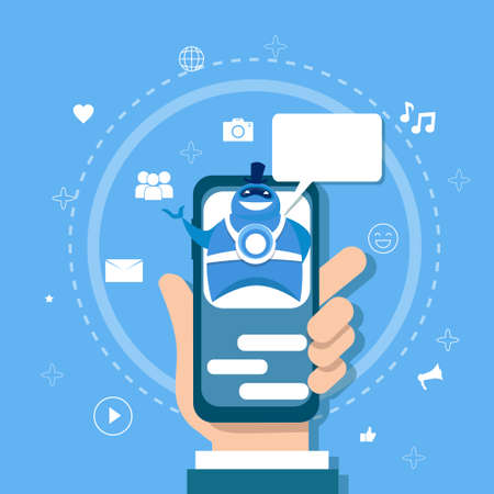 Chatbot Concept Support Robot Technology Digital Chat Bot Application On Smart Phone Vector Illustration.のイラスト素材