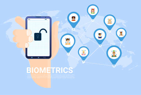 Biometrics Scanning Concept Hand Hold Smart Phone Over World Map With Users Background Facial Recognition System Vector Illustrationのイラスト素材