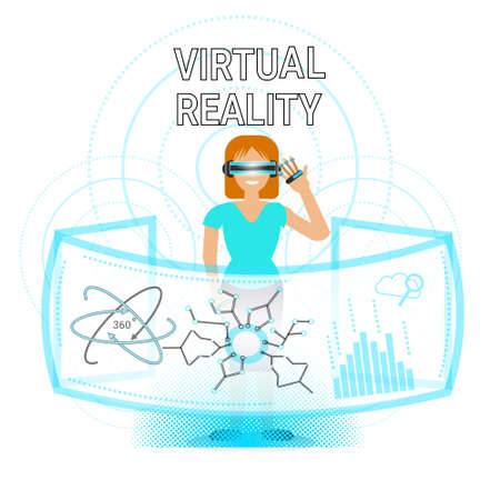 Woman In Virtual Reality Wearing Vr Glasses Use Digitall Interface Modern Optical Technology Concept Vector Illustrationのイラスト素材