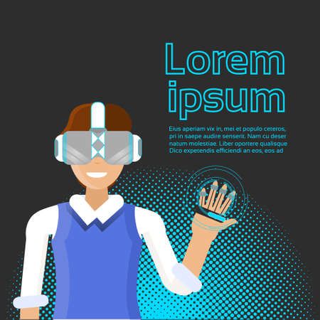 Man Wearing Virtual Reality Headset Using Digital Interface Banner With Copy Space Modern Technology Concept Vector Illustrationのイラスト素材