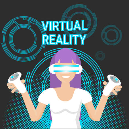 Virtual Reality Gaming Woman Wearing Vr Glasses Hold Game Controller Modern Technology Concept Vector Illustrationのイラスト素材