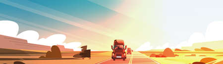 Big Semi Truck Trailer Driving On Coutryside Road Over Sunset Landscape Vector Illustrationのイラスト素材