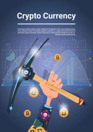 Crypto Currency Concept Hand Holding Pickaxe Internet Digital Money Bitcoin Mining Vector Illustrationのイラスト素材