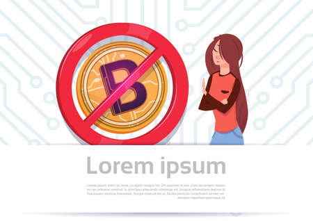 Girl At Bitcoins Not Accepted Sign Digital Crypto Currency Modern Web Money White Circuit Background Vector Illustrationのイラスト素材
