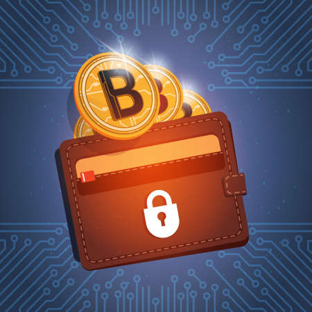 Wallet With Golden Bitcoin Digital Currency Modern Web Money Over Circuit Background Vector Illustrationのイラスト素材