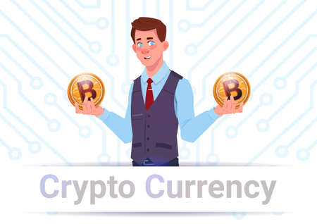 Crypto Currency Banner Man Holding Golden Bitcoins Over Motherboard Circuit Background Digital Web Money Concept Vector Illustrationのイラスト素材