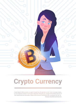 Crypto Currency Banner Woman Holding Golden Bitcoin Over Motherboard Circuit Background Digital Web Money Concept Vector Illustrationのイラスト素材