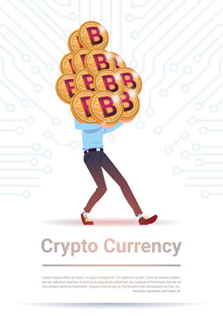 Crypto Currency Concept Man Holding Stack Of Golden Bitcoin Over Motherboard Circuit Background Digital Web Money Vector Illustrationのイラスト素材