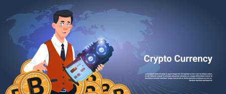 Man Holding Microchip And Bitcoin Over World Map Background Crypto Currency Concept Flat Vector Illustrationのイラスト素材