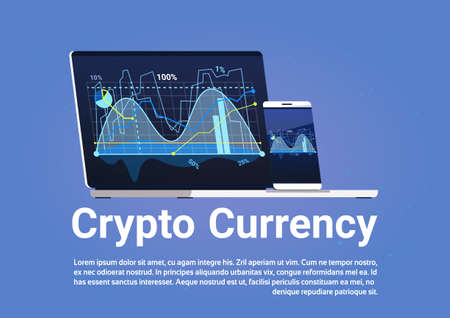 Crypto Currency Concept Bitcoin Digital Money Graphs On Laptop Computer Web Banner Vector Illustrationのイラスト素材