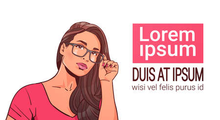 Portrait Of Beautiful Woman Wearing Glasses Attractive Female With Long Hair Over White Background With Copy Space Vector Illustrationのイラスト素材