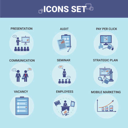 Business Icons Set Team Communication, Employess Presentation And Seminar Concept Flat Vector Illustrationのイラスト素材