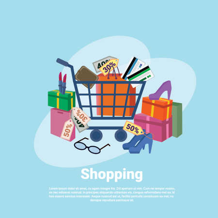 Shopping Baner Concept With Trolley Cart Clothes Retail Store Commerce Flat Vector Illustrationのイラスト素材