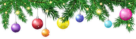 Green Christmas Tree Fir Branches Decorated With Colorful Balls Isolated On White Background Horizontal Banner Vector Illustration.のイラスト素材