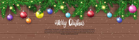 Winter Holidays Decorations With Fir Branches On Wooden Textured Background Christmas And New Year Decor Design Vector Illustration.のイラスト素材