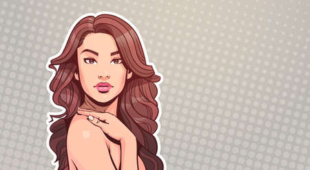 Beautiful Woman Portrait Attractive Female With Long Hair Over Vintage Pop Art Style Background With Copy Space Vector Illustrationのイラスト素材