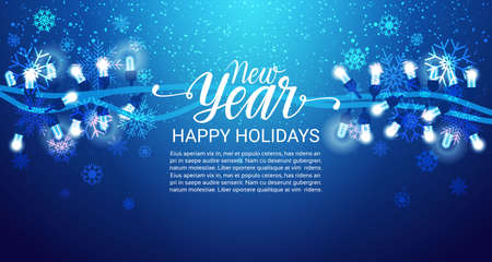 Happy Holidays Banner New Year Lettering Blue Shiny Background With Winter Decoration Flat Vector Illustrationのイラスト素材