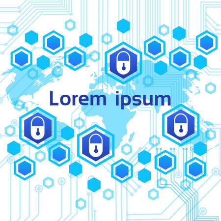 Closed Locks Over World Map Access Technology Concept Of Data Protection And Security Vector Illustrationのイラスト素材