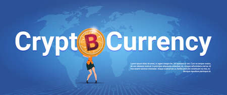Crypto Currency Horizontal Banner Woman Holding Golden Bitcoin Over World Map Background Digital Web Money Concept Vector Illustrationのイラスト素材