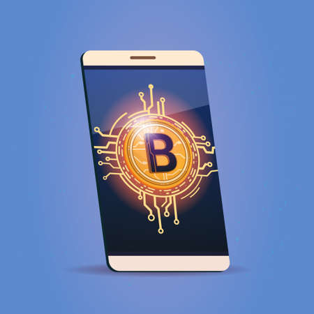 Cell Smart Phone With Bitcoin Icon Digital Web Money Crypto Currency Concept Vector Illustrationのイラスト素材