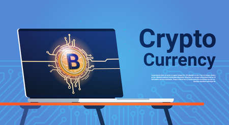 Bitcoin On Laptop Computer Monitor Digital Web Money Crypto Currency Concept Vector Illustrationのイラスト素材