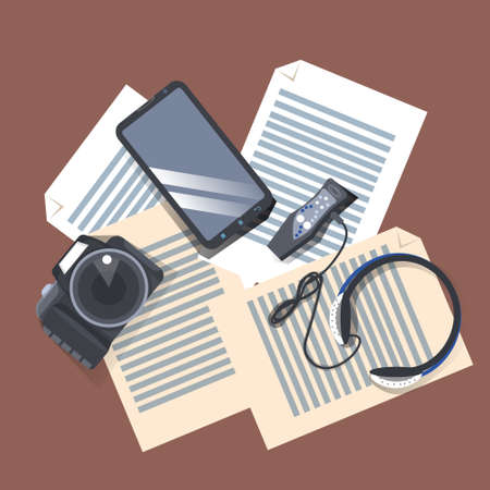 Gadgets On Workplace Top Angle View, Modern Camera, Music Player With Headphones And Smart Phone On Paper Documents Vector Illustrationの写真素材