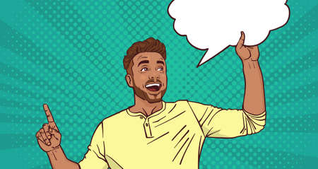 Excited Man Pointing Finger Up To Chat Bubble Pop Art Style Background Vector Illustration