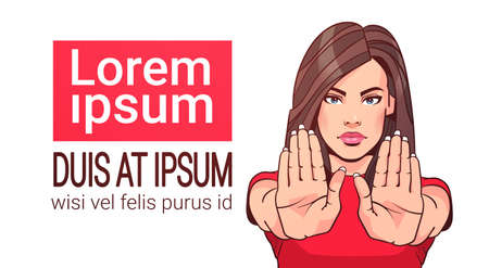 Woman Showing Stop Sign With Raised Hand Portrait Female No Gesture On White Background Vector Illustrationのイラスト素材