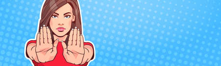 Woman Showing Stop Sign With Raised Hand Over Pop Art Background Portrait Female No Gesture Horizontal Banner With Copy Space Vector Illustrationのイラスト素材