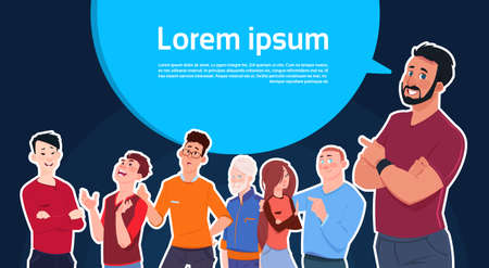 Man Standing Over Big Chat Bubble With Copy Space With Group Of Mix Race People On Background Flat Vector Illustrationのイラスト素材
