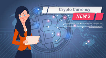 Woman Leading Crypto Currency News Report Golden Bitcoin Over World Map Digital Web Money Concept Vector Illustrationのイラスト素材