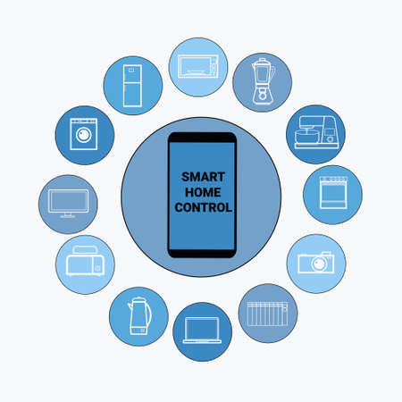 Smart Home Control System Smartphone Application Icons Of Devices Automation Concept Modern House...
