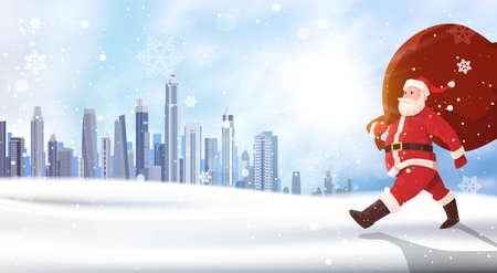 Christmas Background Santa Claus Carry Sack Of Presents Over Winter City Landscape Holidays Concept Flat Vector Illustrationのイラスト素材