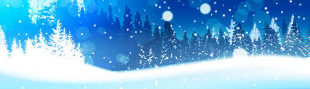 Night in winter forest woodland landscape falling snow snowy pine tree woods. Background. Horizontal Banner. Flat vector illustrationのイラスト素材