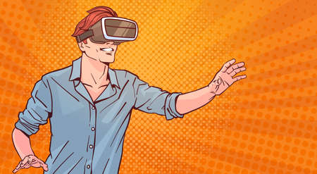 Man Wear Modern 3d Glasses Virtual Reality Concept Pop Art Style Background Vector Illustration
