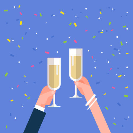Male and female hands holding champagne glasses.のイラスト素材