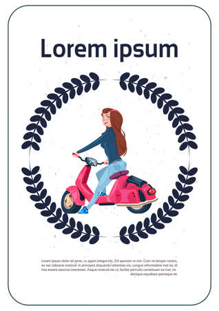 Icon design with young girl riding electric scooter. Red vintage motorcycle copy space. Flat vector illustration.のイラスト素材