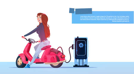 Young Girl Sit Electric Scooter Charging At Station Red Vintage Motorcycle Hybrid Transport Flat Vector Illustrationのイラスト素材