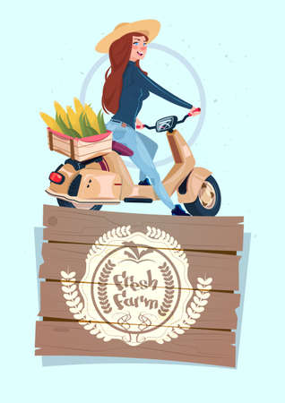 Fresh Farm icon Banner With Female Farmer On Electric Scooter Transport With Box Of Vegetables Flat Vector Illustrationのイラスト素材