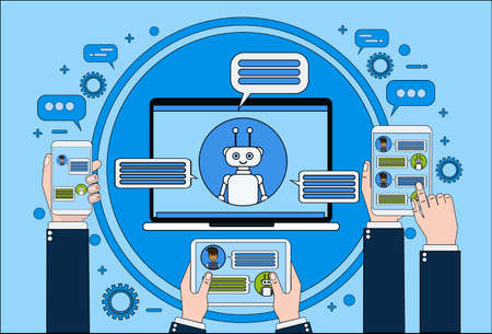 Chat Bot Concept Hand Holding Laptop, Tablet And Smart Phone Chatting With Chatter Online Support Service Technology Concept Vector Illustrationのイラスト素材