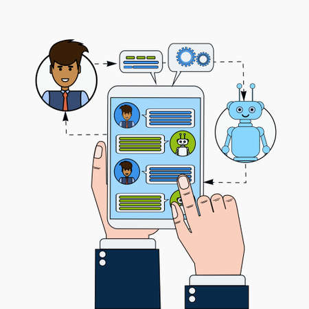 Business Man Chatting With Chatbot Holding Digital Tablet, Modern Chatter Technology Tech Support...
