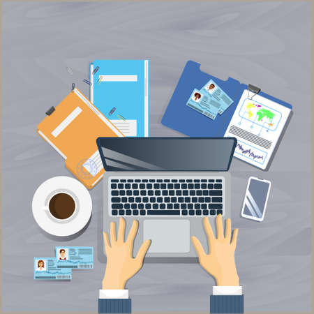 Workplace Top Angle View Concept Business Man Sit At Office Desk Working At Laptop Computer Document Folders Banner With Copy Space Flat Vector Illustrationのイラスト素材