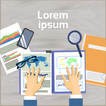 Business Man Hands Holding Financial Report Workplace Top Angle View Concept Office Desk Document Folders Banner With Copy Space Flat Vector Illustrationのイラスト素材