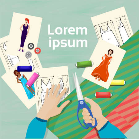 Fashion Designer Working Table Top Angle View Workplace Concept Hands Holding Scissors Fabric, Clothes Drawings On Desk Flat Vector Illustrationのイラスト素材
