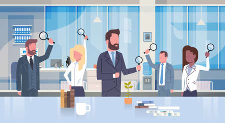 Group Of Business People Holding Magnifying Glass Working In Modern Office Concept Team Of Businessmen And Businesswomen Workplace Interior Flat Vector Illustrationのイラスト素材