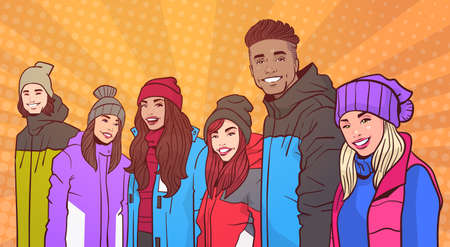 Portrait Of Smiling Group Of People Wear Winter Clothes Over Colorful Retro Style Background Mix...
