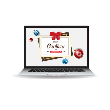 Merry Christmas Banner On Modern Laptop Vector Illustrationのイラスト素材