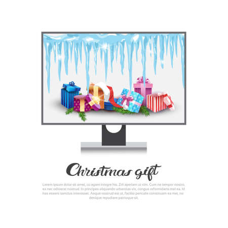 Computer display with holiday decorations Christmas gift concept New Year sales on electronics banner. Vector illustrationのイラスト素材