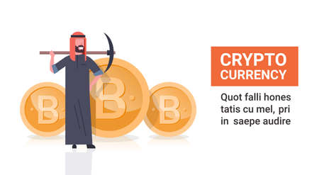 Cryptocurrency Mining Concept Arab Man With Pickaxe Over Golden Bitcoin Coin Isolated On White Template Background Flat Vector Illustrationのイラスト素材