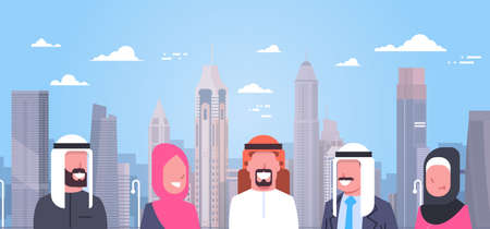 Group Of Arabic People Over Modern City Background Muslim Man And Woman Wearing Traditional Clothes...